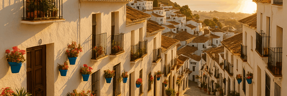 Whitewashed houses with flower pots in Mijas Pueblo, Málaga, at sunset overlooking the sea